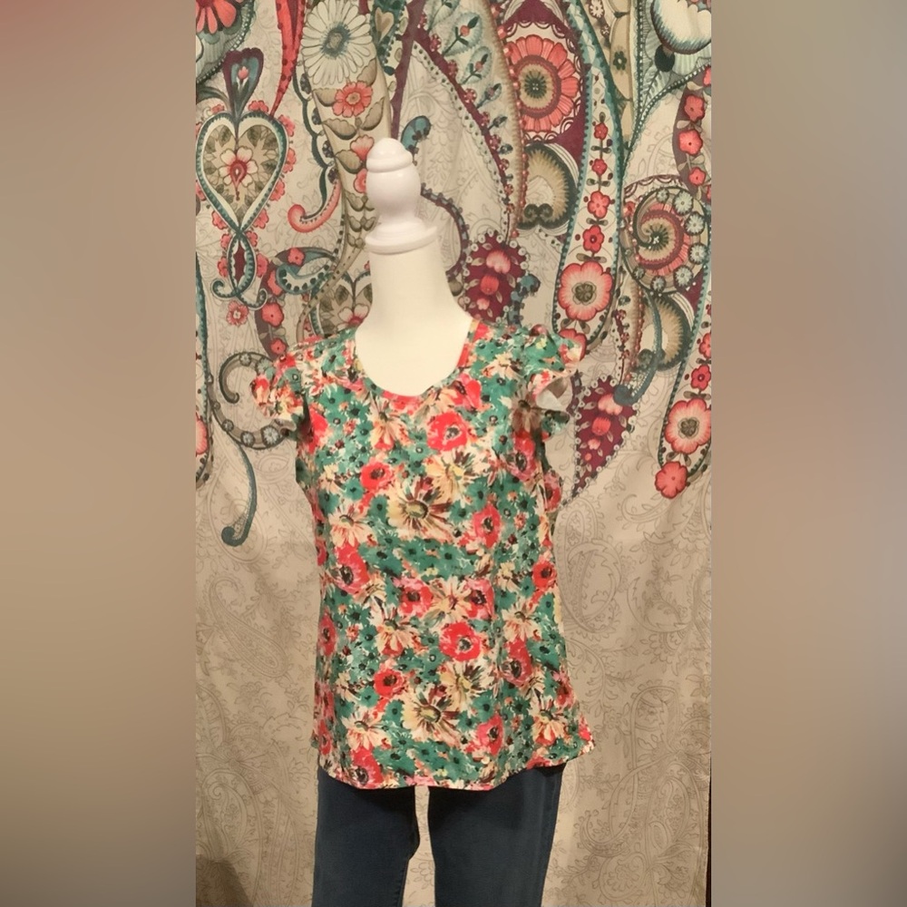Floral Sleeveless Top Bow Tie Back Size Medium Green Yellow Pink